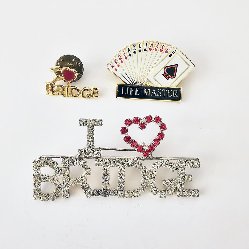 Set of 3 Bridge Themed Brooch and Pins I Love Bridge and Life Master